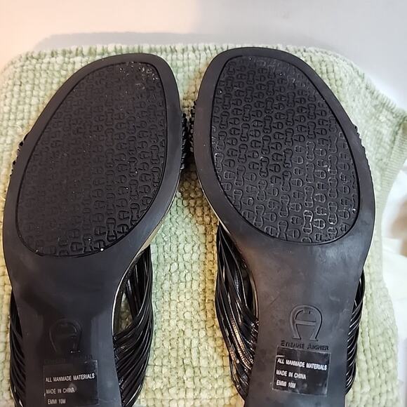 Etienne Aigner Black Kitten Heel Sandals Slip On Woven Strap Mules Sz 10 - Picture 6 of 7